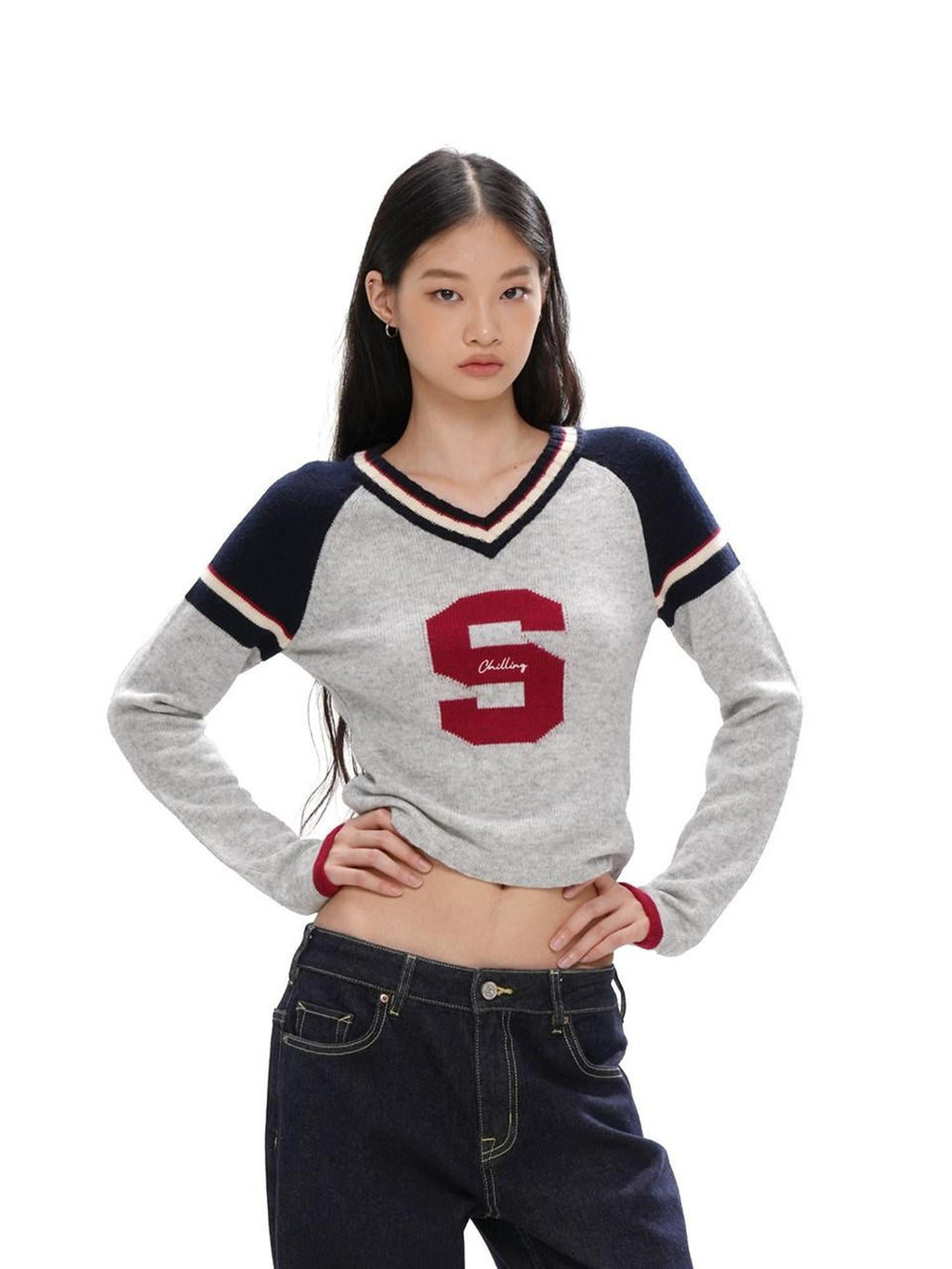 V-neck Jacquard Sport Short Cropped Slim Women's Wool Blend Sweaters