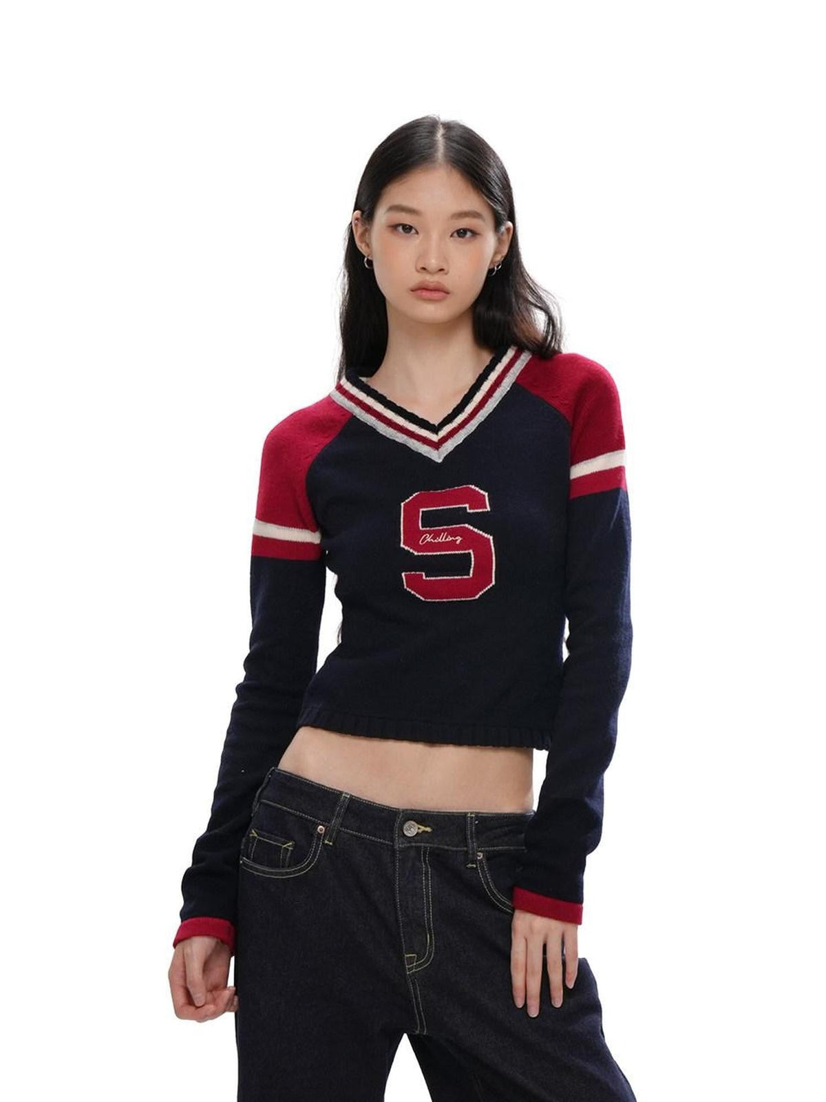 V-neck Jacquard Sport Short Cropped Slim Women's Wool Blend Sweaters