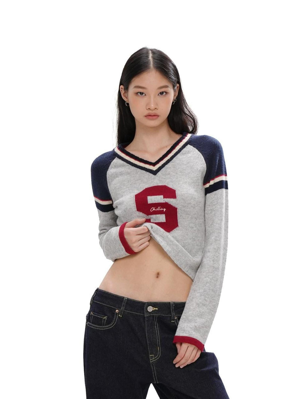 V-neck Jacquard Sport Short Cropped Slim Women's Wool Blend Sweaters
