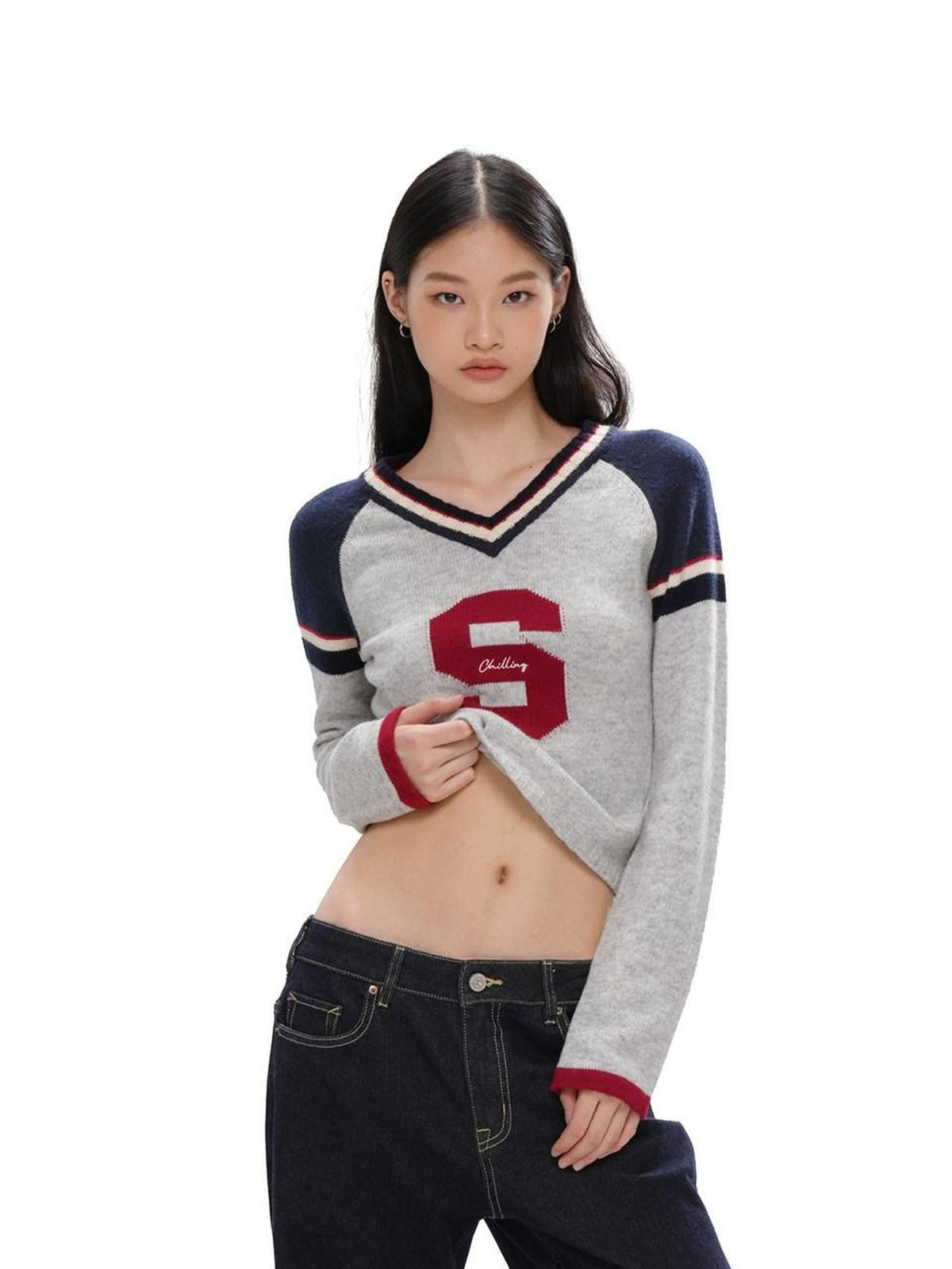 V-neck Jacquard Sport Short Cropped Slim Women's Wool Blend Sweaters