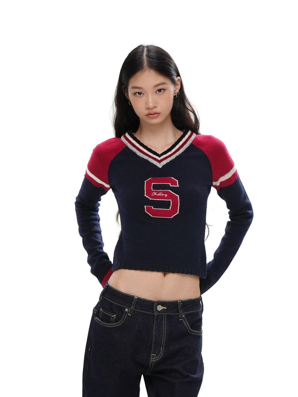 V-neck Jacquard Sport Short Cropped Slim Women's Wool Blend Sweaters
