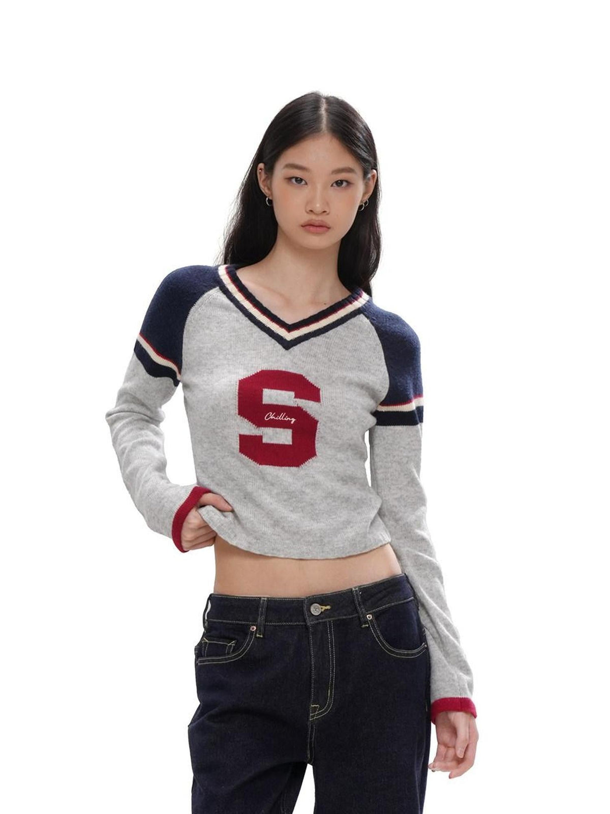 V-neck Jacquard Sport Short Cropped Slim Women's Wool Blend Sweaters