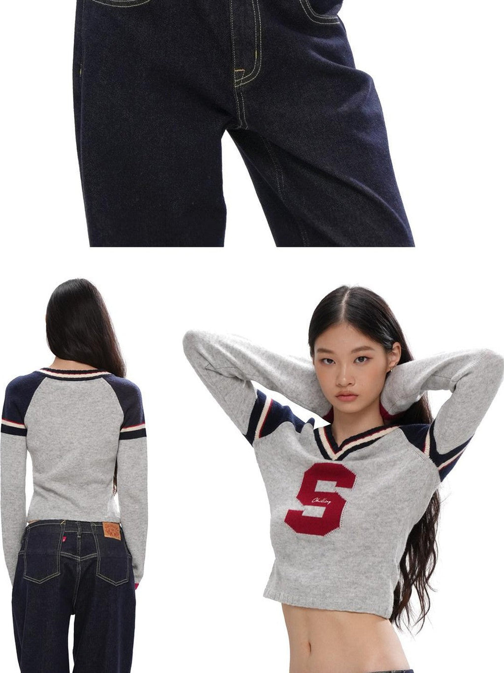 V-neck Jacquard Sport Short Cropped Slim Women's Wool Blend Sweaters