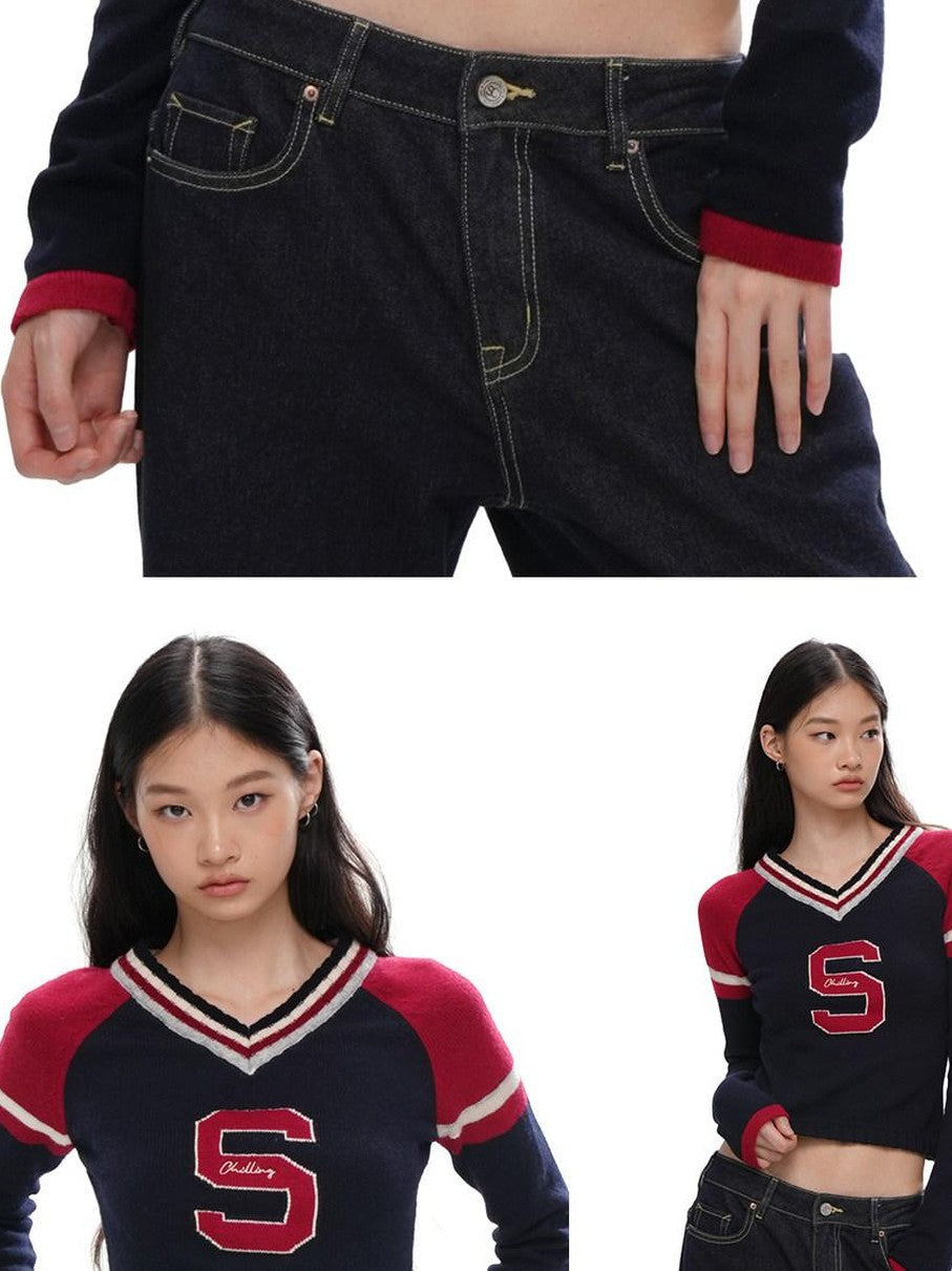 V-neck Jacquard Sport Short Cropped Slim Women's Wool Blend Sweaters