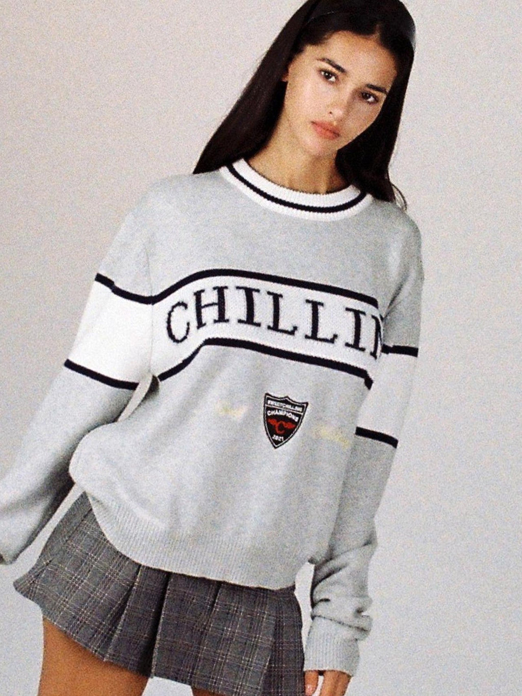 Vintage Preppy Letter Jacquard Embroidered Badge Women's Cotton Pullover Sweaters