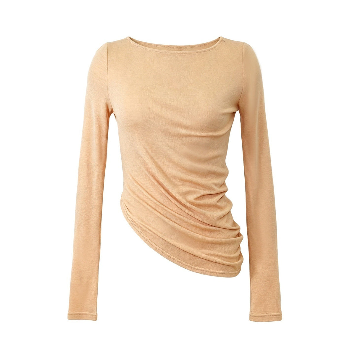 Asymmetric Draped Ruched Slim Fit Knit Women's Long Sleeve T-shirts