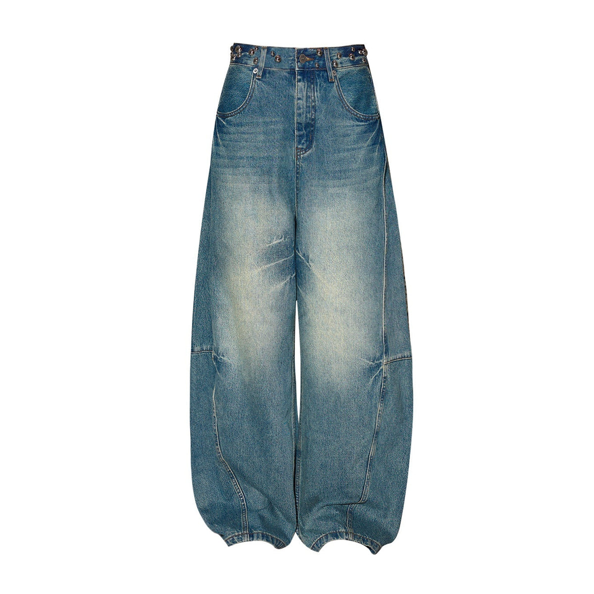 Blue Split Seam Distressed Wide Leg Women's Denim Natural Waist Baggy Jeans