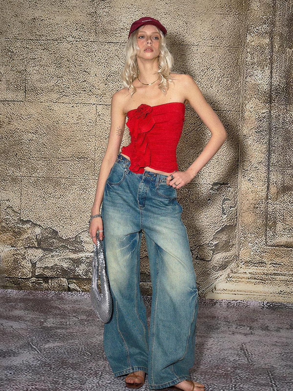 Blue Split Seam Distressed Wide Leg Women's Denim Natural Waist Baggy Jeans