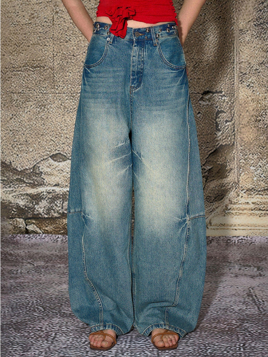 Blue Split Seam Distressed Wide Leg Women's Denim Natural Waist Baggy Jeans
