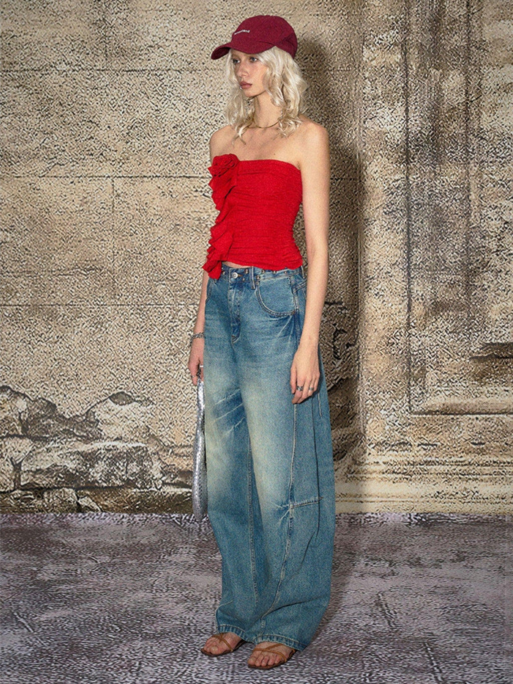Blue Split Seam Distressed Wide Leg Women's Denim Natural Waist Baggy Jeans
