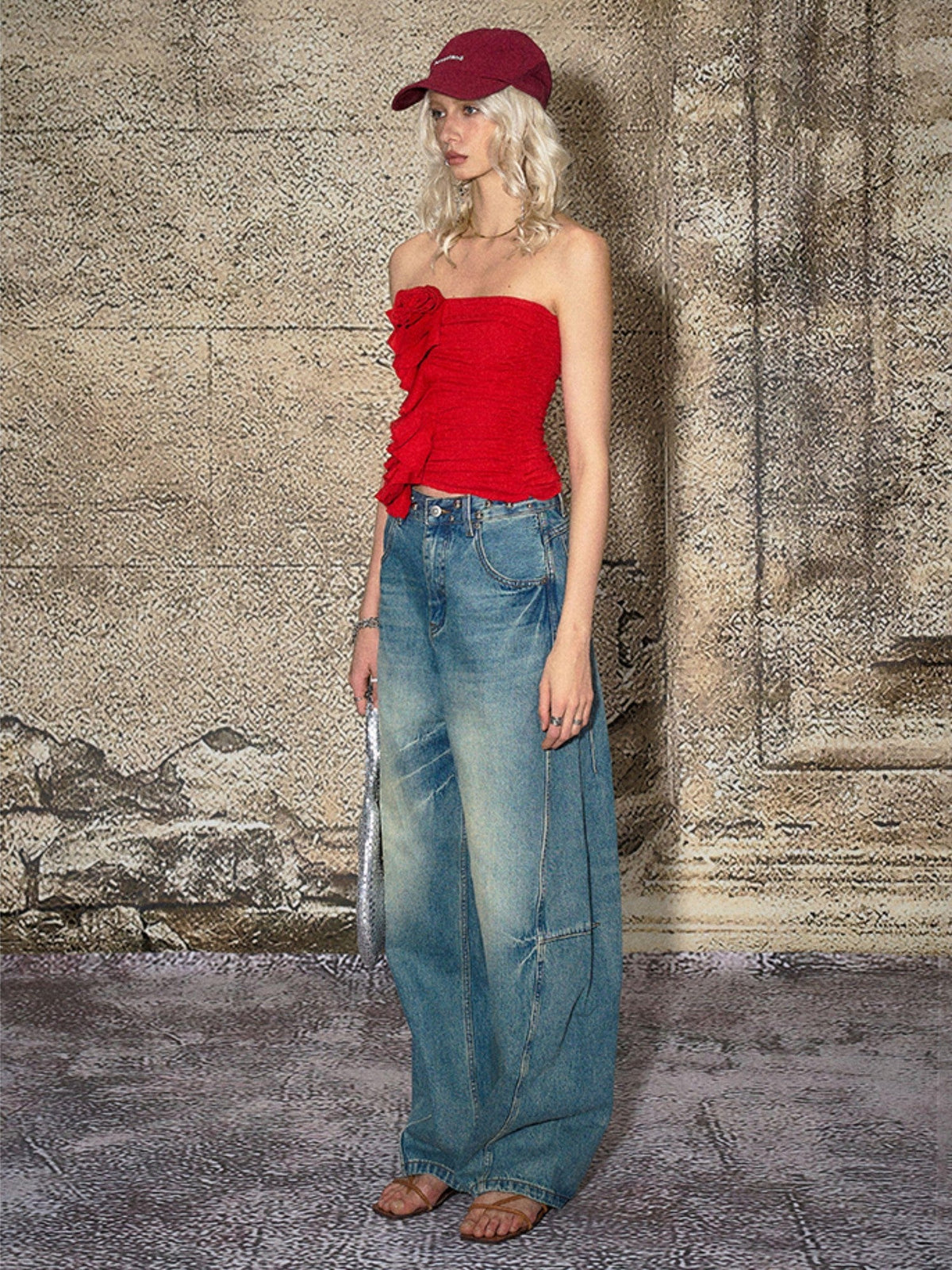 Blue Split Seam Distressed Wide Leg Women's Denim Natural Waist Baggy Jeans