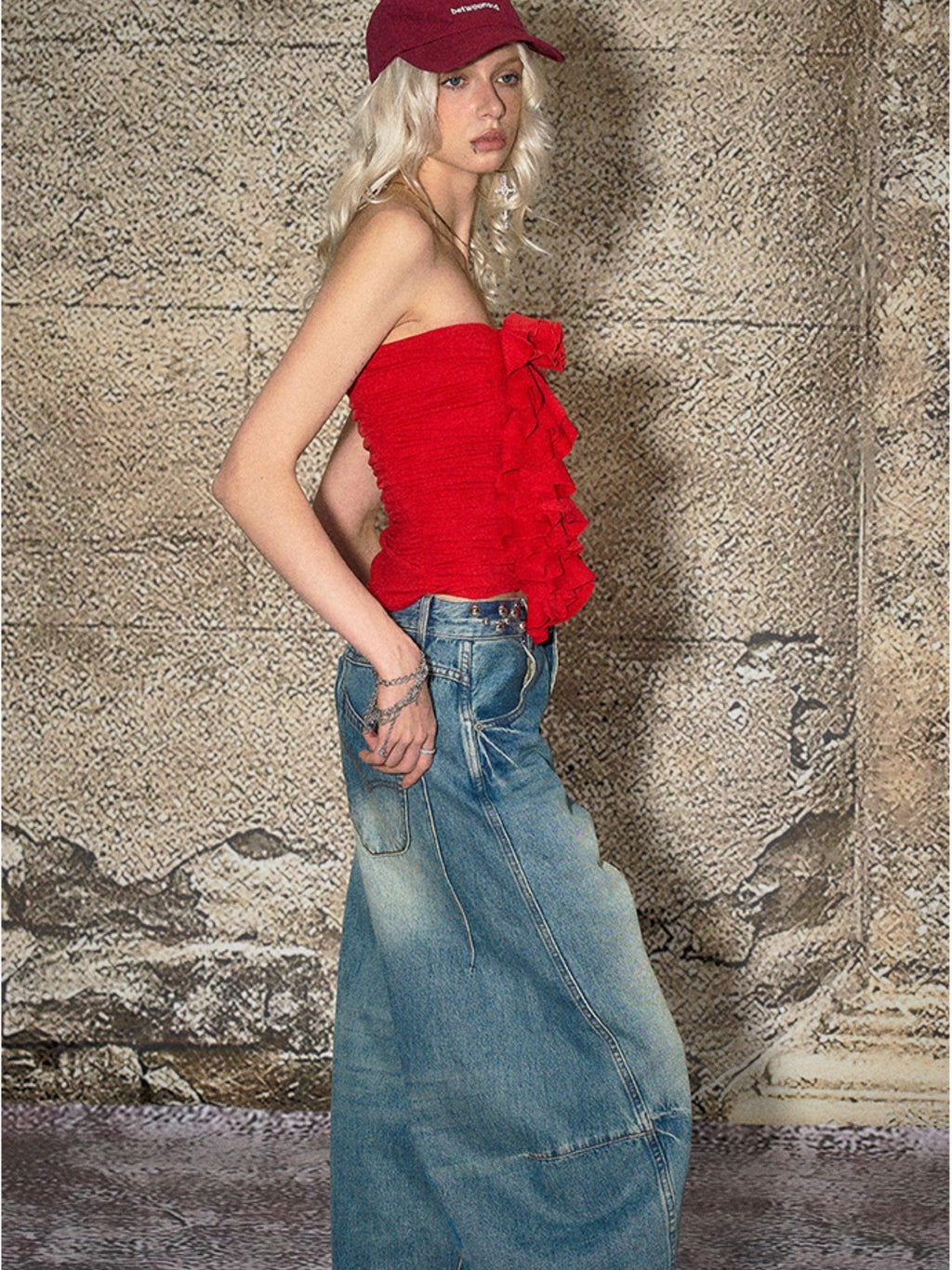 Blue Split Seam Distressed Wide Leg Women's Denim Natural Waist Baggy Jeans