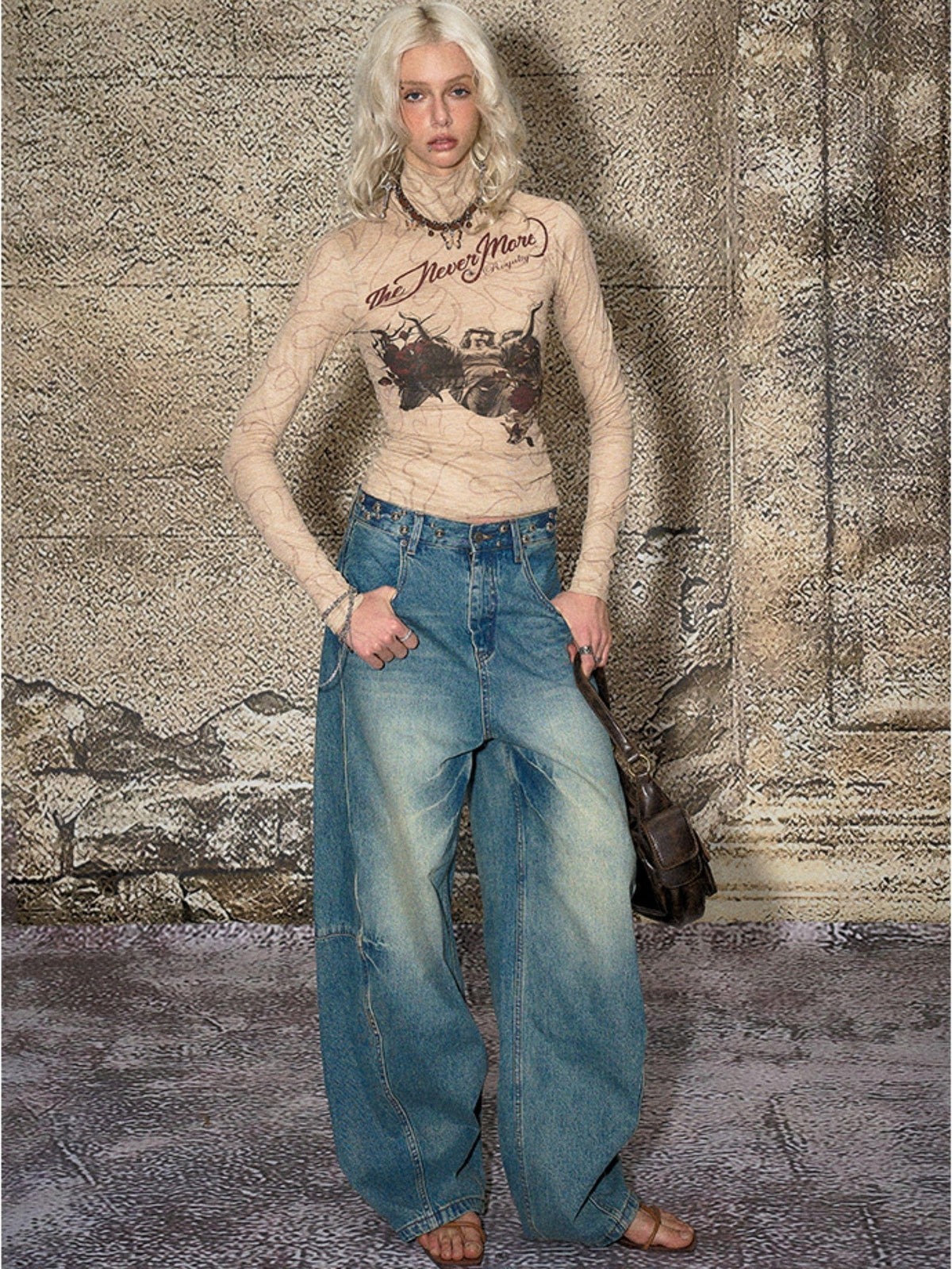 Blue Split Seam Distressed Wide Leg Women's Denim Natural Waist Baggy Jeans