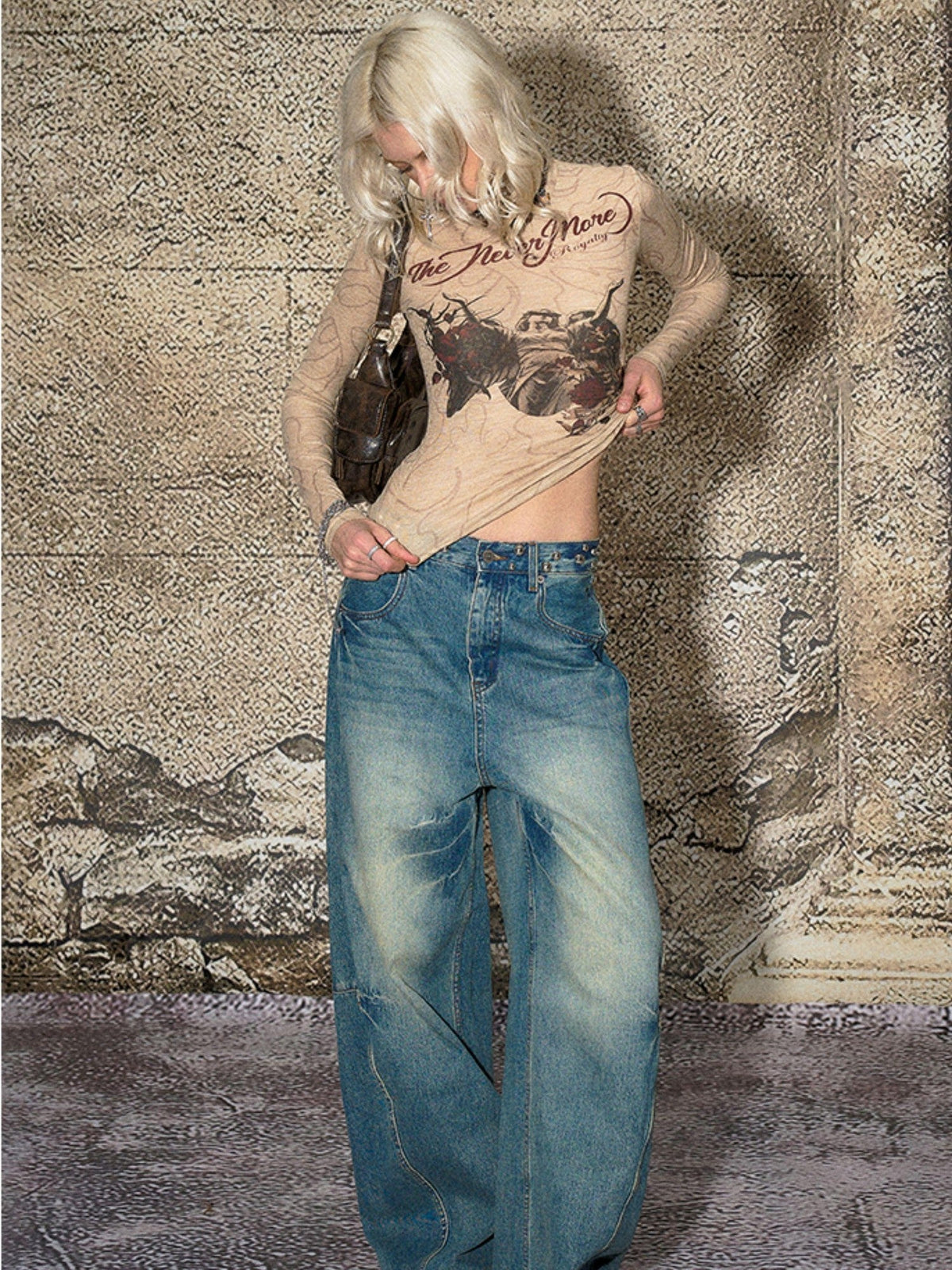 Blue Split Seam Distressed Wide Leg Women's Denim Natural Waist Baggy Jeans