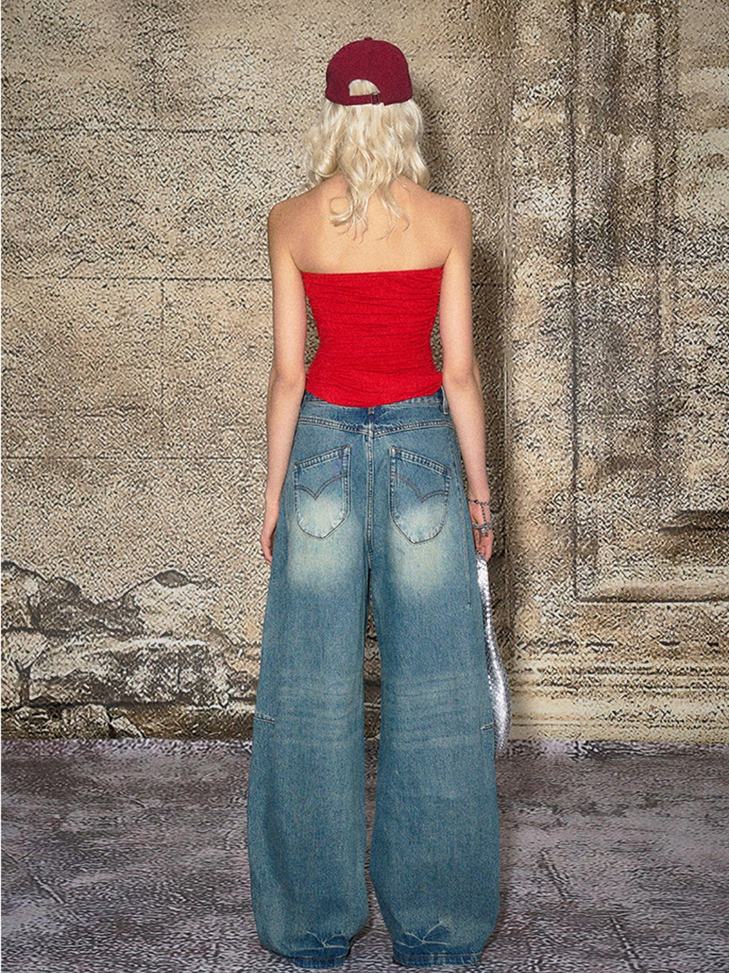 Blue Split Seam Distressed Wide Leg Women's Denim Natural Waist Baggy Jeans