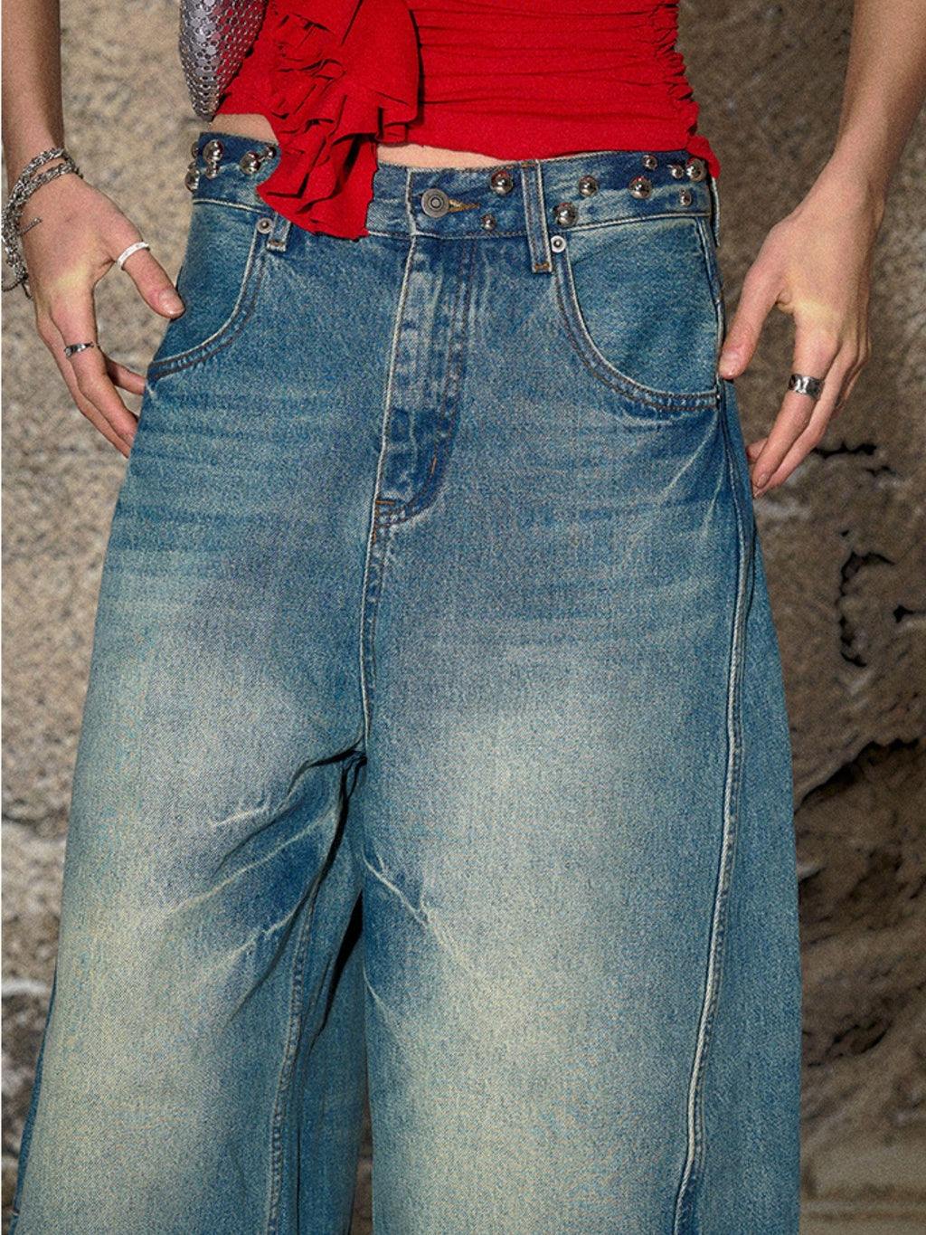 Blue Split Seam Distressed Wide Leg Women's Denim Natural Waist Baggy Jeans