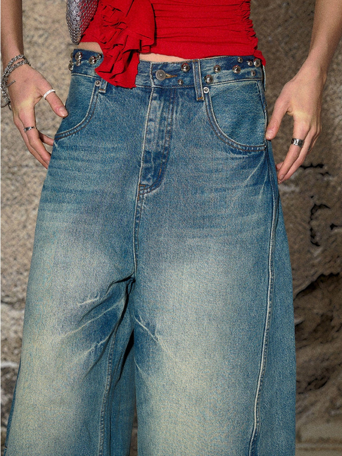 Blue Split Seam Distressed Wide Leg Women's Denim Natural Waist Baggy Jeans