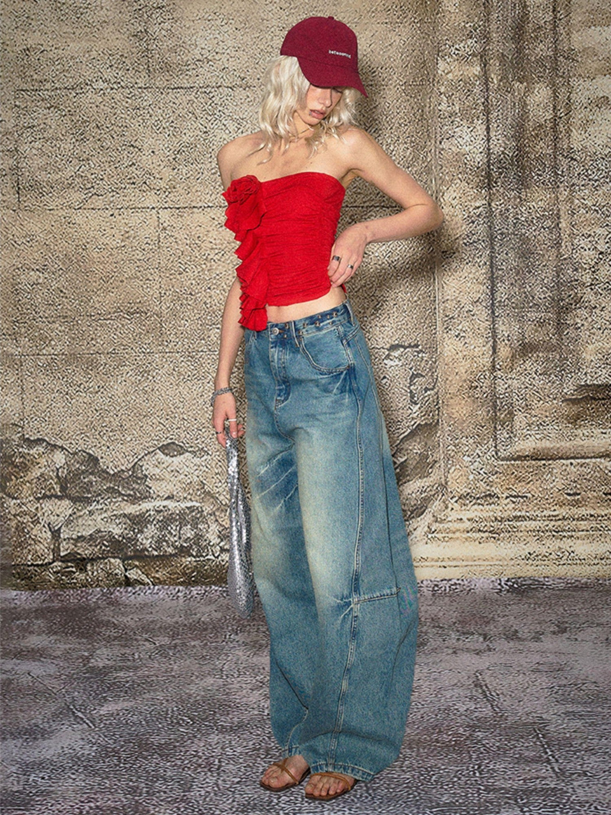 Blue Split Seam Distressed Wide Leg Women's Denim Natural Waist Baggy Jeans