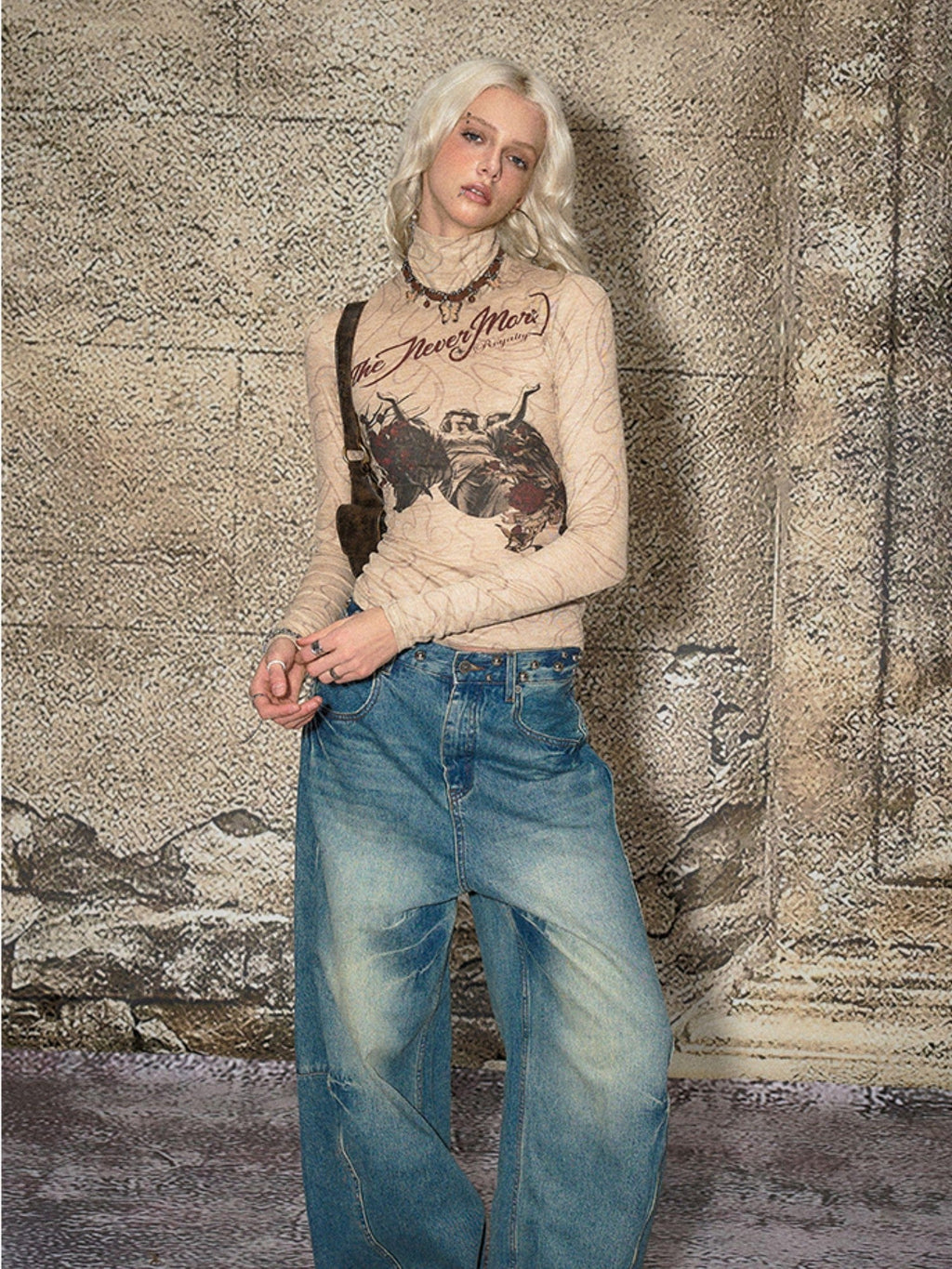 Blue Split Seam Distressed Wide Leg Women's Denim Natural Waist Baggy Jeans