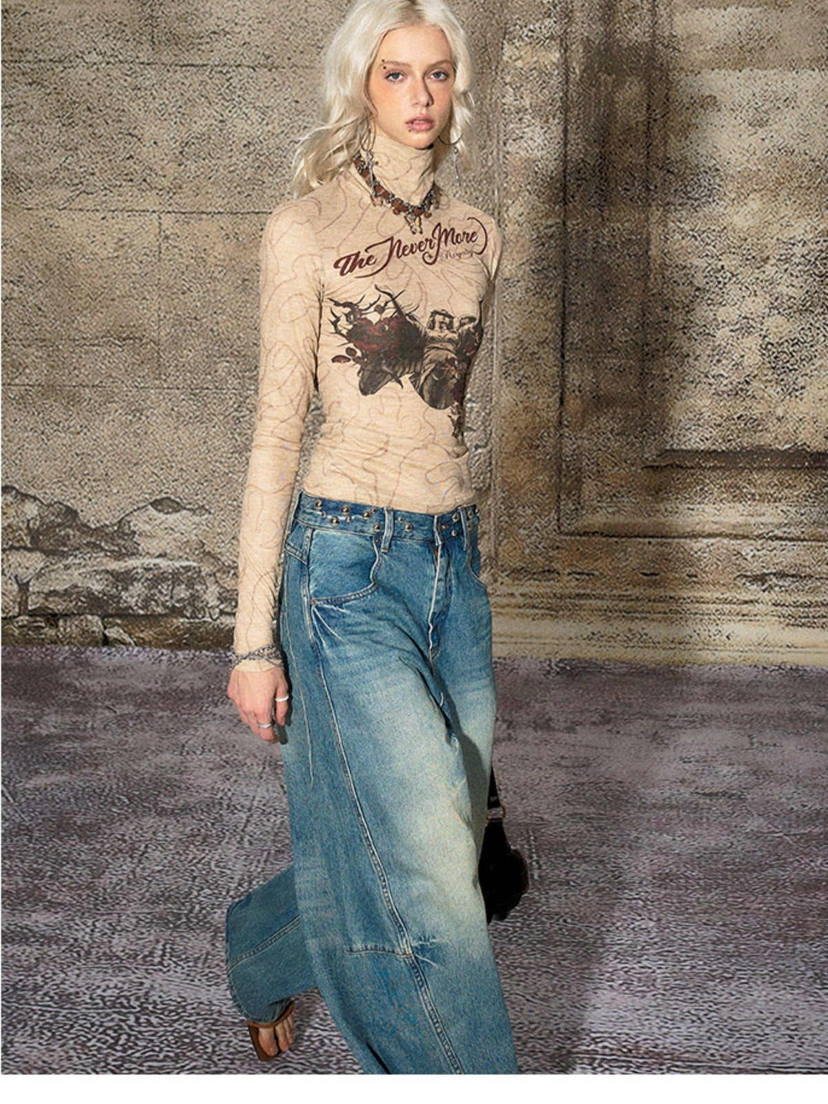 Blue Split Seam Distressed Wide Leg Women's Denim Natural Waist Baggy Jeans