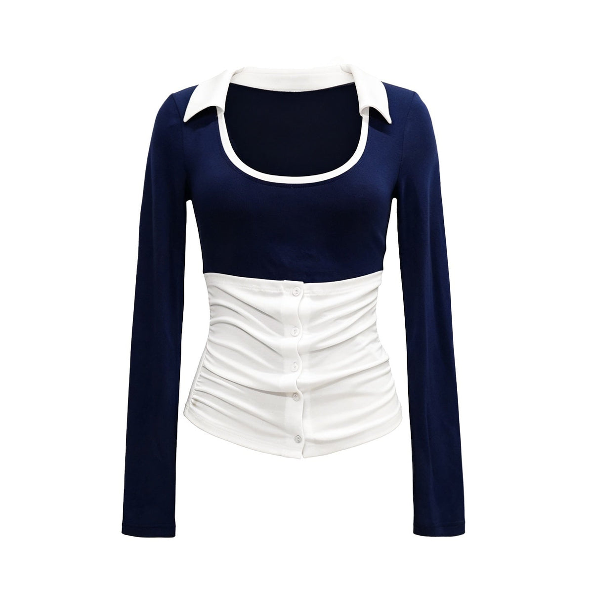 Color Block Collared U Neck Button Long Sleeve Drawstring Flared Women's Casual Top & Pants Sets