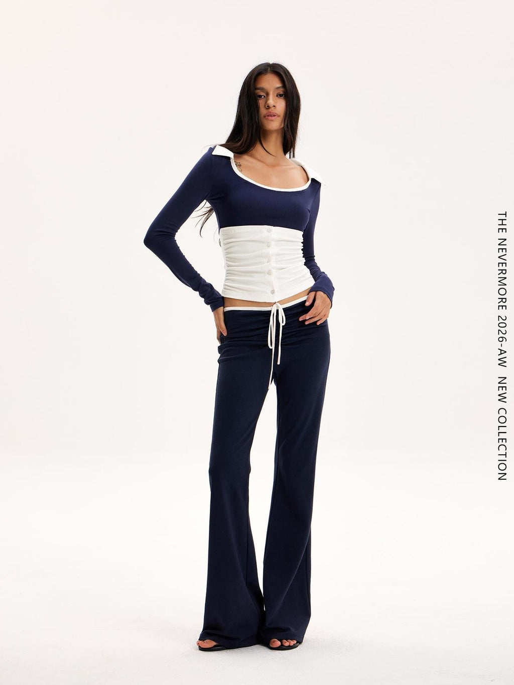 Color Block Collared U Neck Button Long Sleeve Drawstring Flared Women's Casual Top & Pants Sets