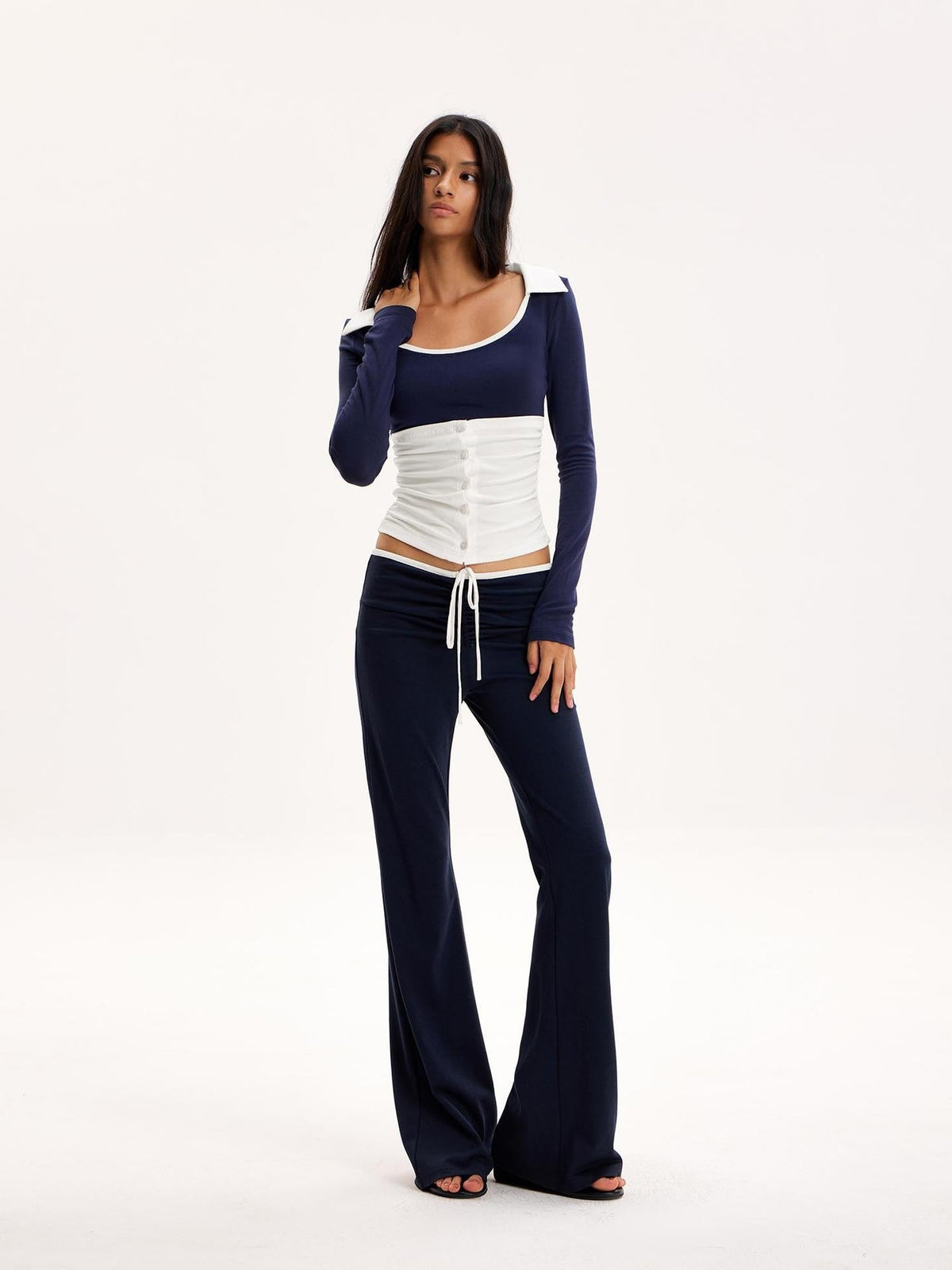 Color Block Collared U Neck Button Long Sleeve Drawstring Flared Women's Casual Top & Pants Sets