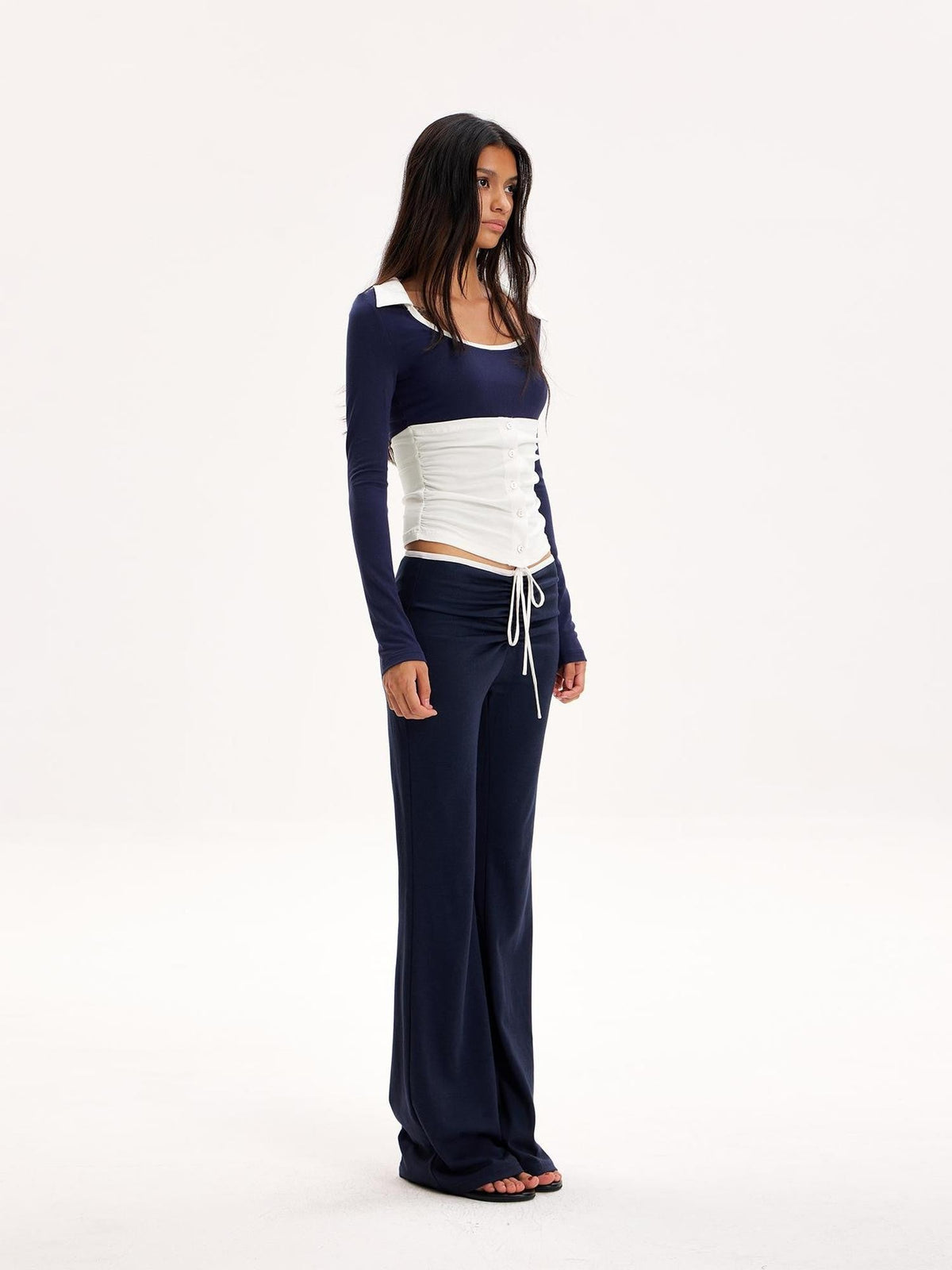Color Block Collared U Neck Button Long Sleeve Drawstring Flared Women's Casual Top & Pants Sets