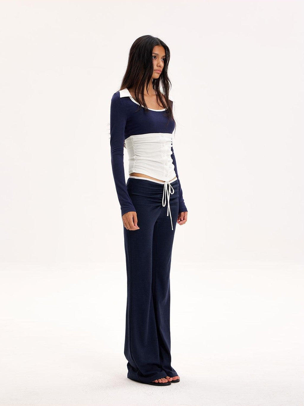 Color Block Collared U Neck Button Long Sleeve Drawstring Flared Women's Casual Top & Pants Sets