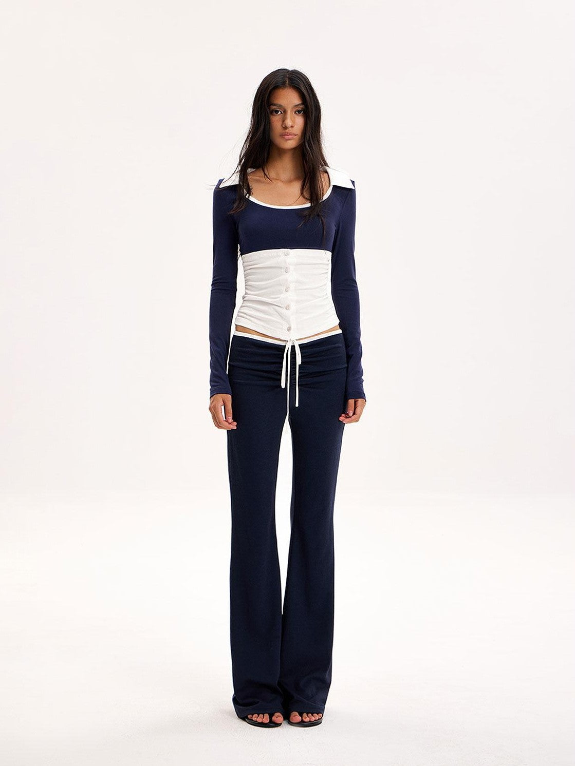 Color Block Collared U Neck Button Long Sleeve Drawstring Flared Women's Casual Top & Pants Sets