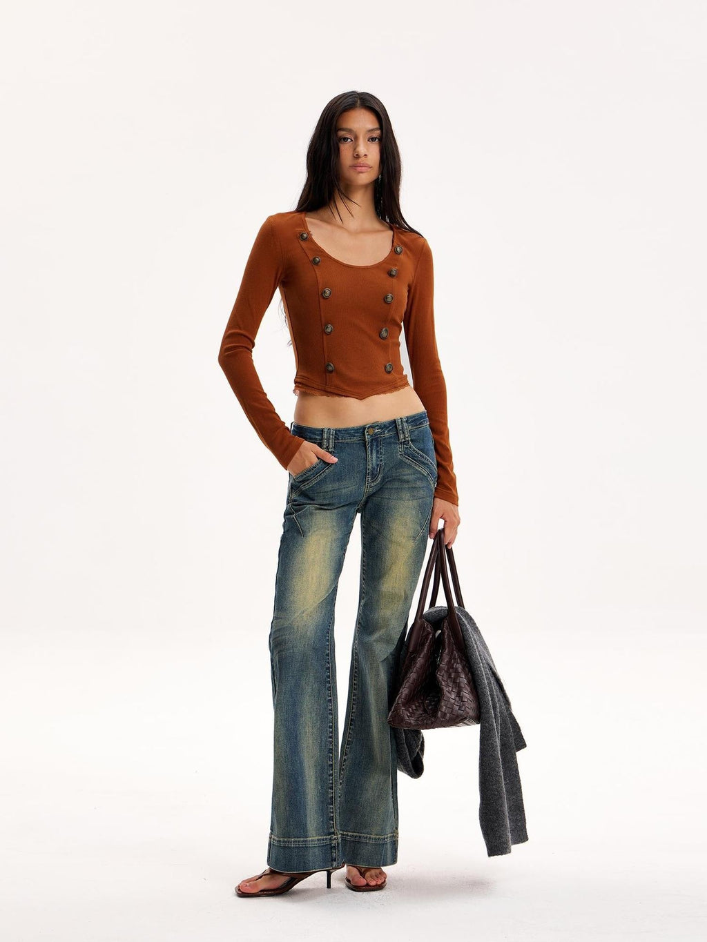 Distressed Lace Asymmetric Hem Slim Fit Women's Cotton Long Sleeve T-shirts