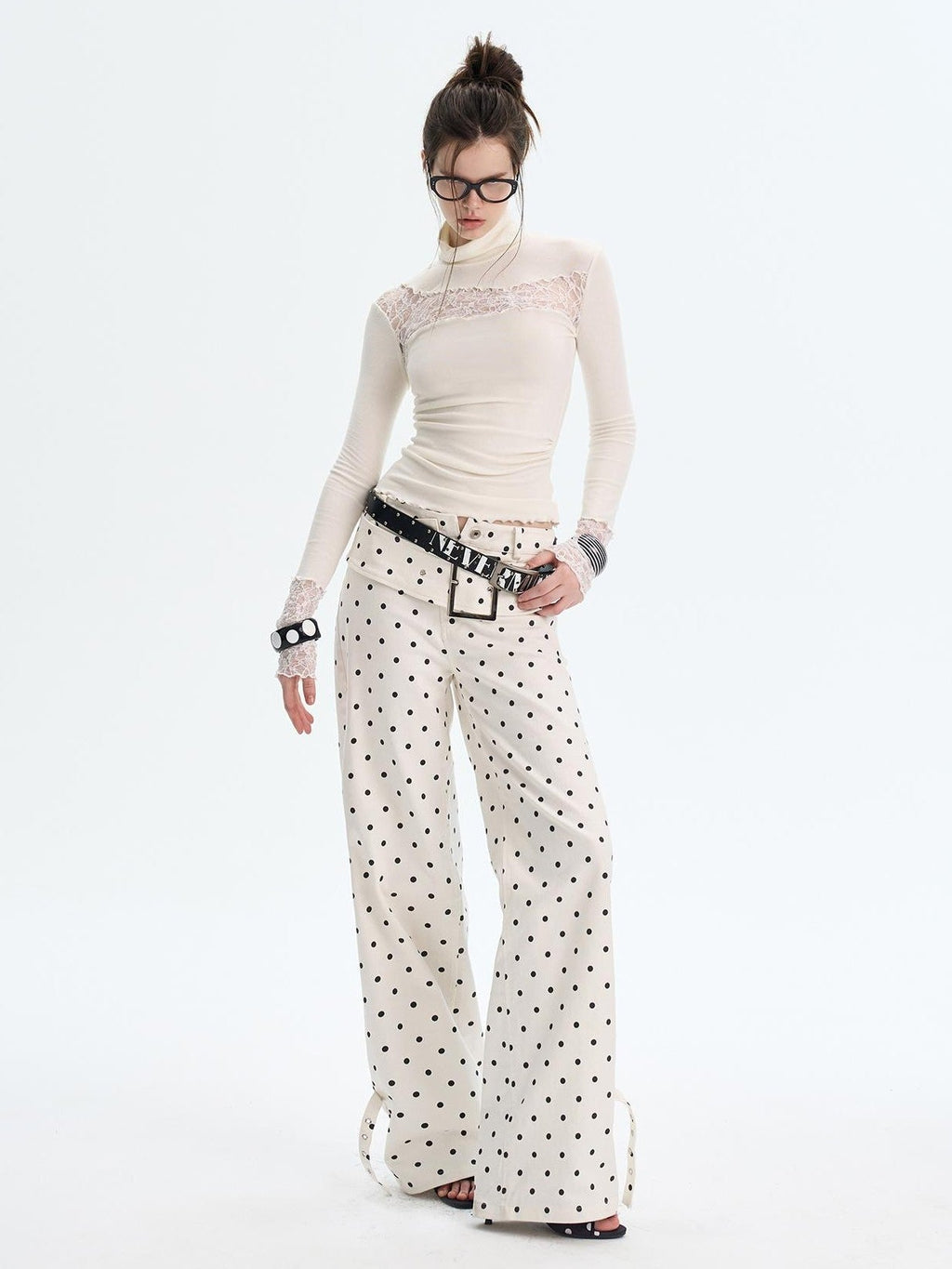 Lace Trim Turtleneck Knit Slim Fit Women's Cotton Long Sleeve T-shirts