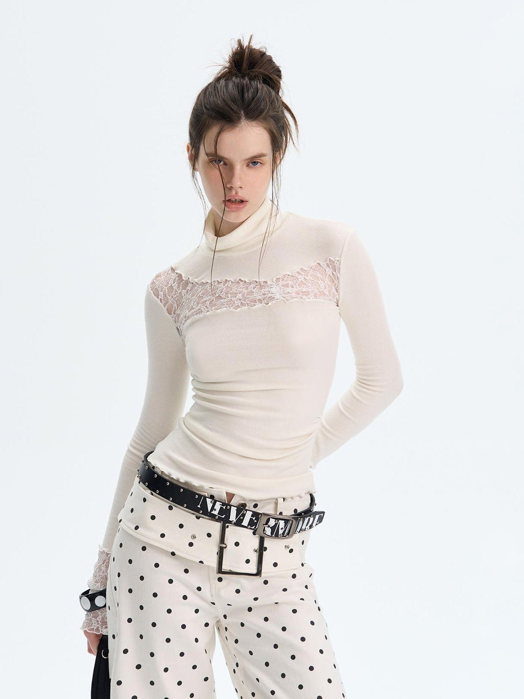 Lace Trim Turtleneck Knit Slim Fit Women's Cotton Long Sleeve T-shirts
