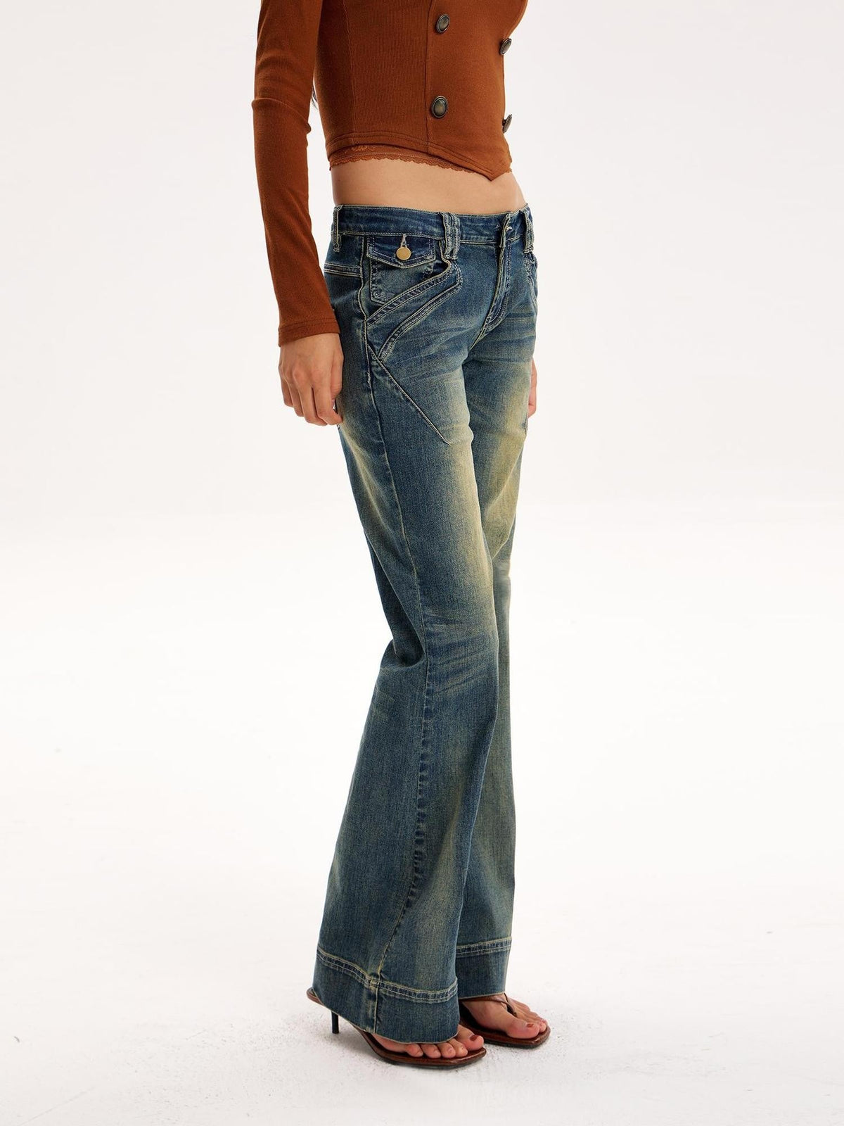 Low Waist Vintage Wash 3d Cut Women's Denim Bootcut Jeans