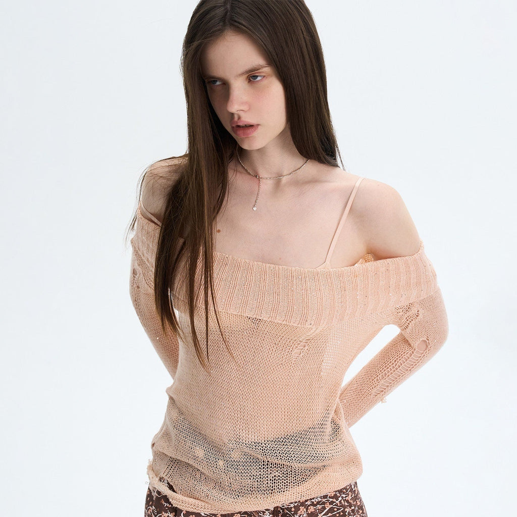 Peach Pink Sequin Cutout Slouchy Knit Women's Acrylic Off-shoulder Sweaters
