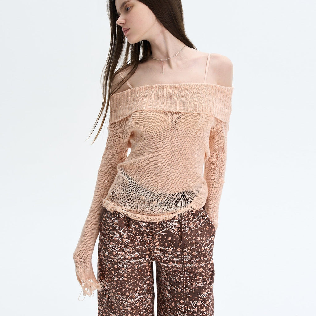 Peach Pink Sequin Cutout Slouchy Knit Women's Acrylic Off-shoulder Sweaters