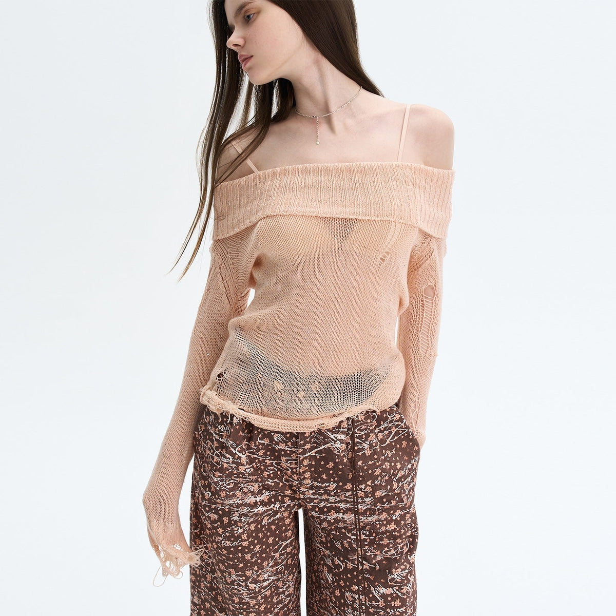 Peach Pink Sequin Cutout Slouchy Knit Women's Acrylic Off-shoulder Sweaters