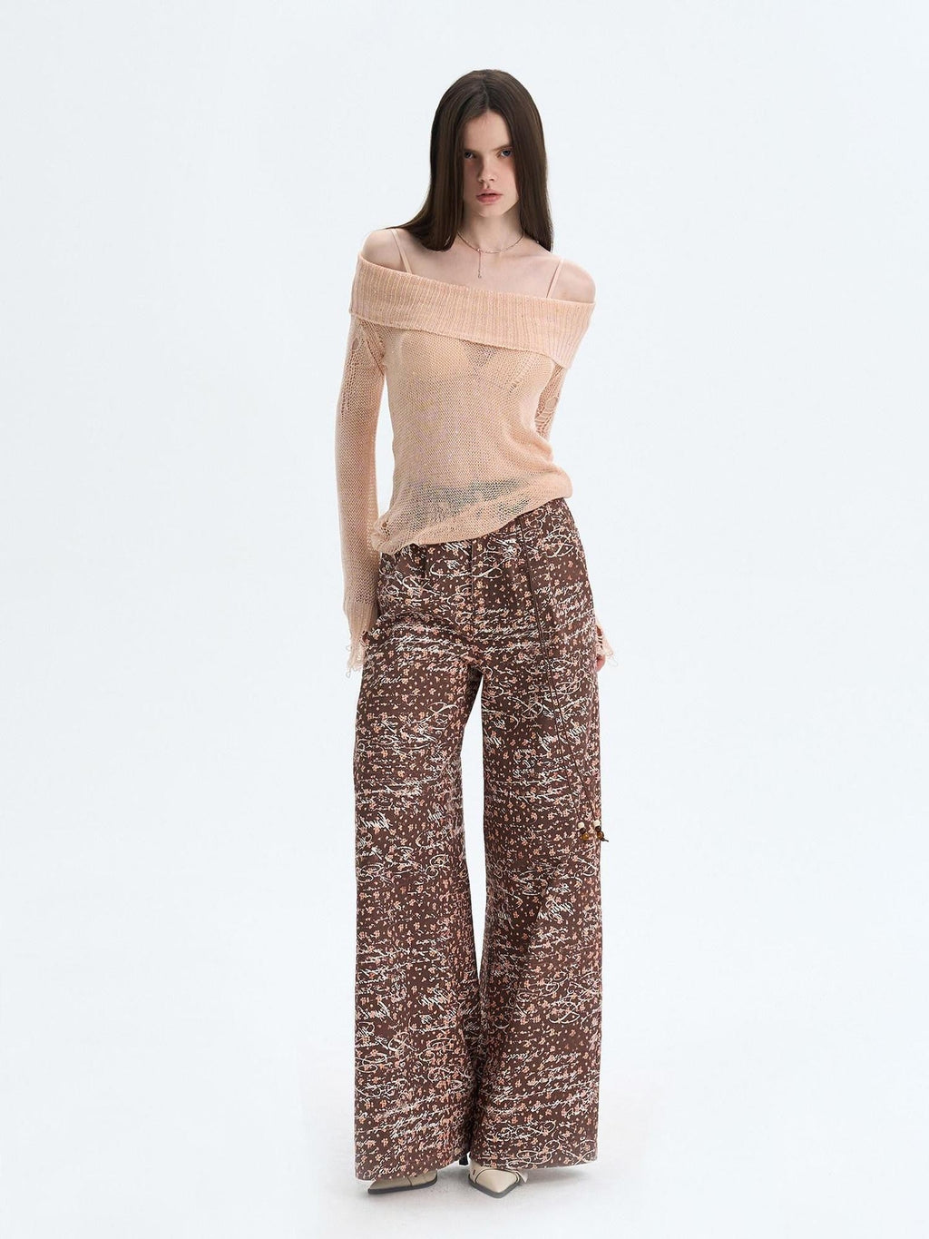 Peach Pink Sequin Cutout Slouchy Knit Women's Acrylic Off-shoulder Sweaters
