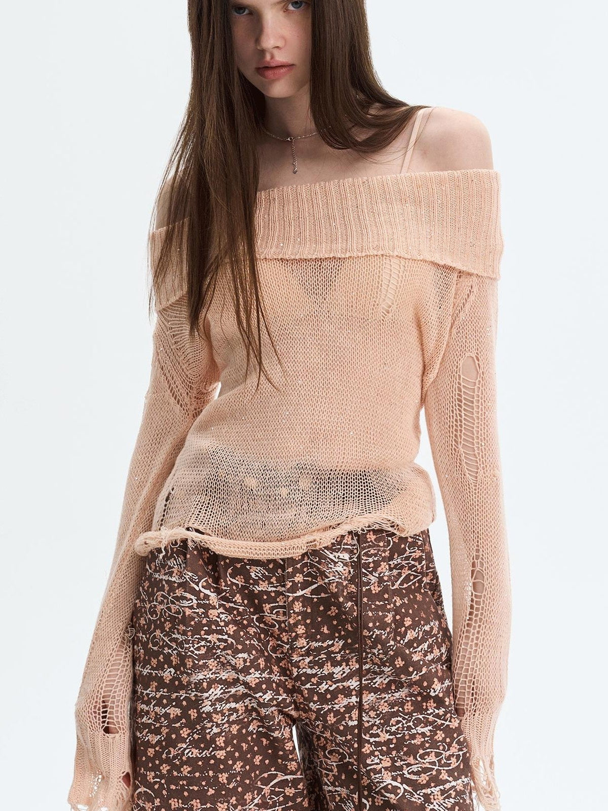 Peach Pink Sequin Cutout Slouchy Knit Women's Acrylic Off-shoulder Sweaters