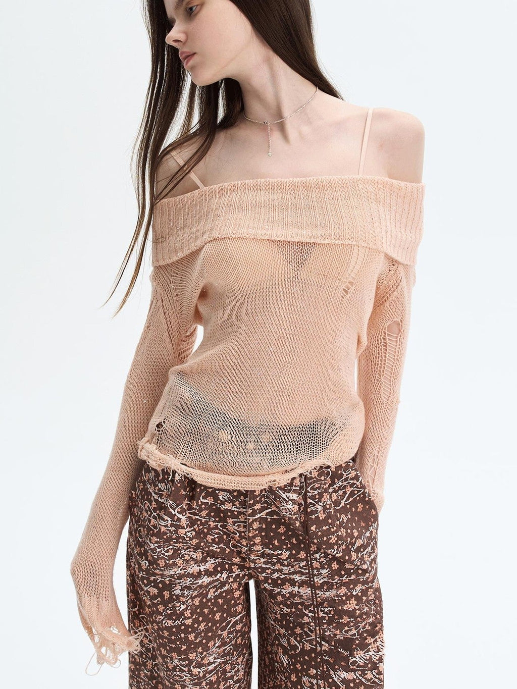 Peach Pink Sequin Cutout Slouchy Knit Women's Acrylic Off-shoulder Sweaters