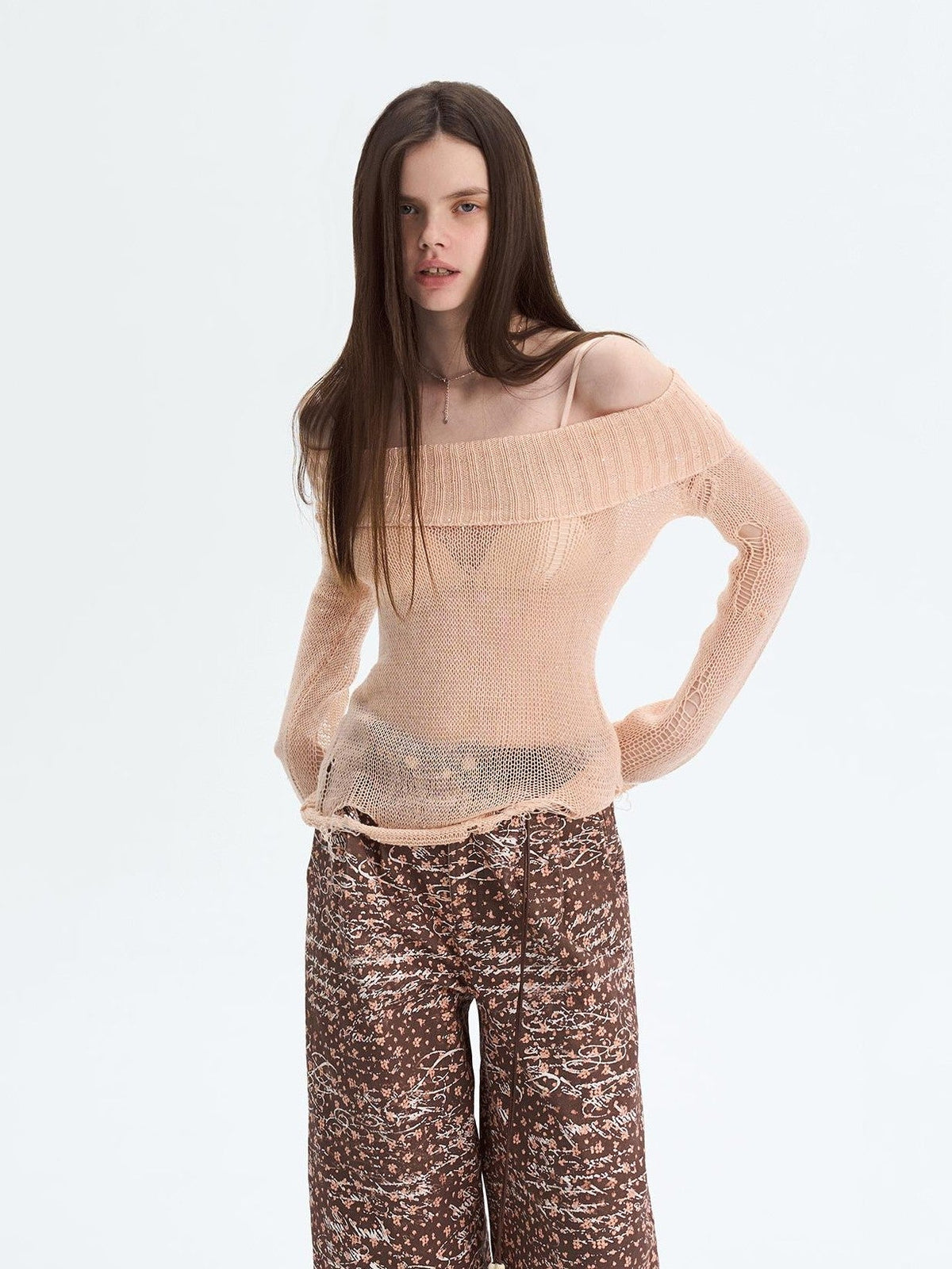Peach Pink Sequin Cutout Slouchy Knit Women's Acrylic Off-shoulder Sweaters