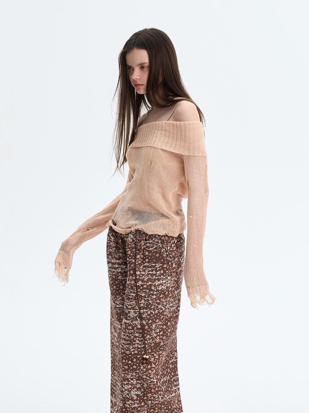 Peach Pink Sequin Cutout Slouchy Knit Women's Acrylic Off-shoulder Sweaters