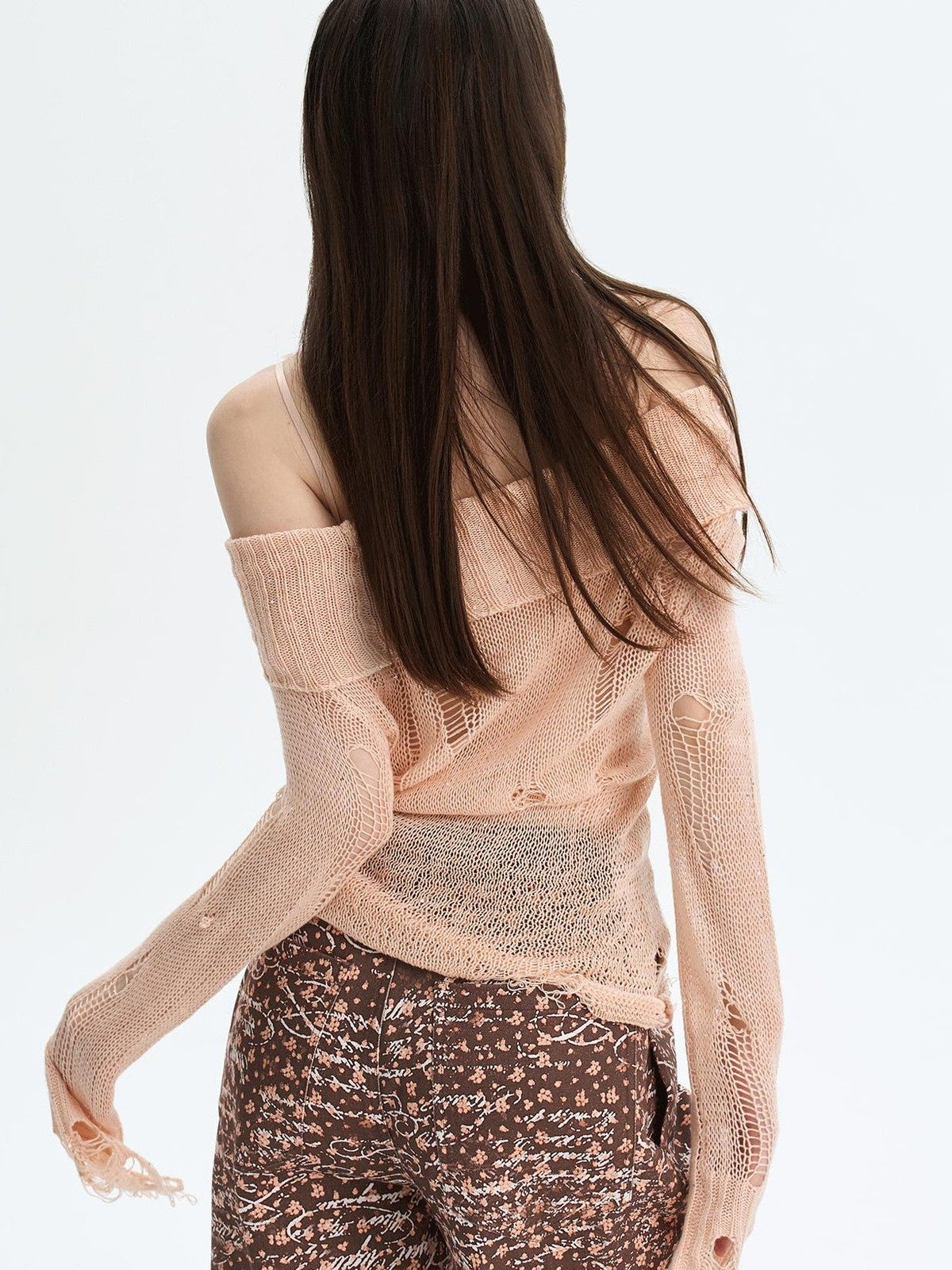 Peach Pink Sequin Cutout Slouchy Knit Women's Acrylic Off-shoulder Sweaters