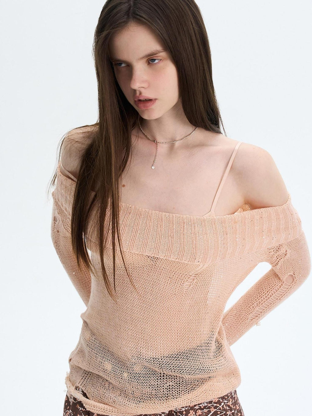 Peach Pink Sequin Cutout Slouchy Knit Women's Acrylic Off-shoulder Sweaters