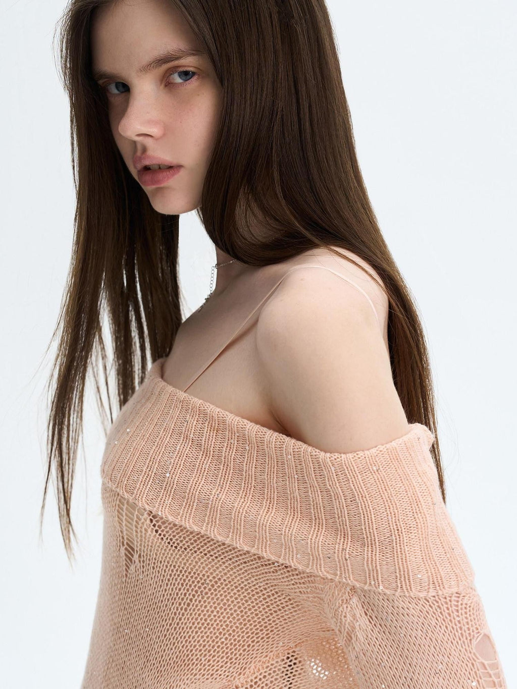 Peach Pink Sequin Cutout Slouchy Knit Women's Acrylic Off-shoulder Sweaters