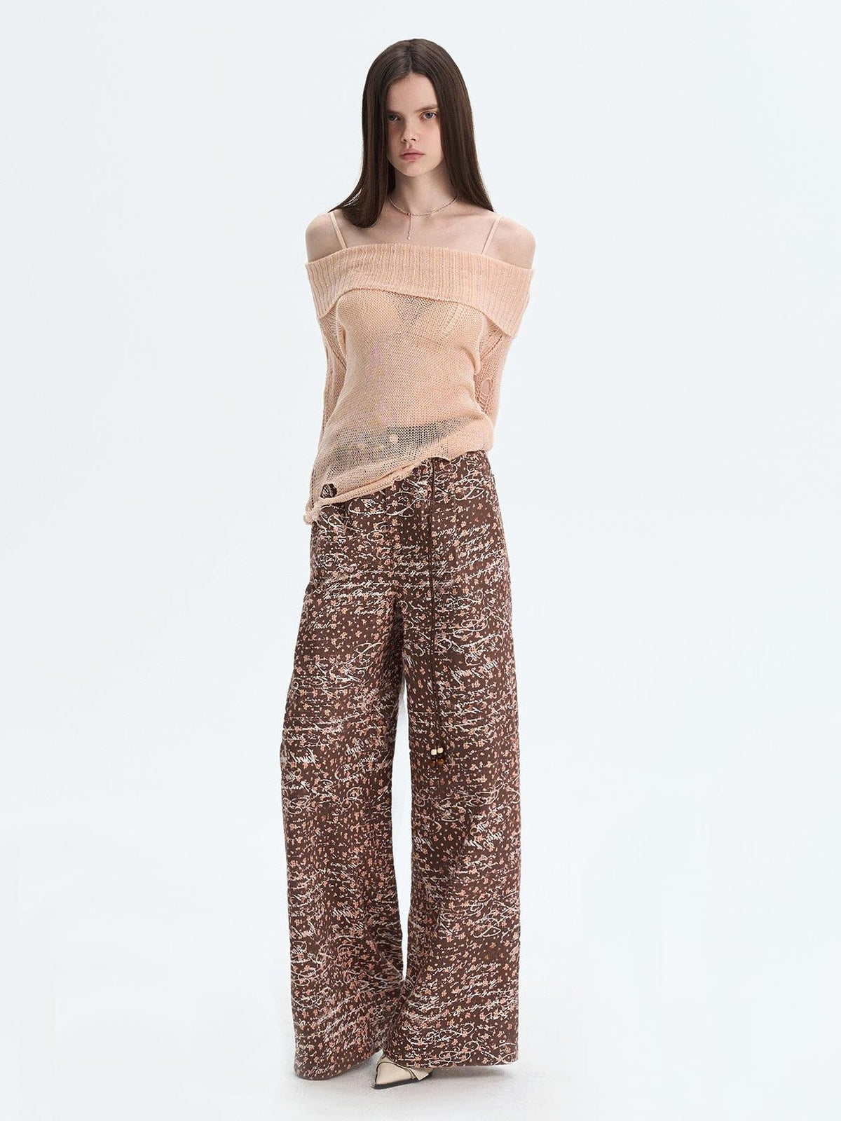 Peach Pink Sequin Cutout Slouchy Knit Women's Acrylic Off-shoulder Sweaters