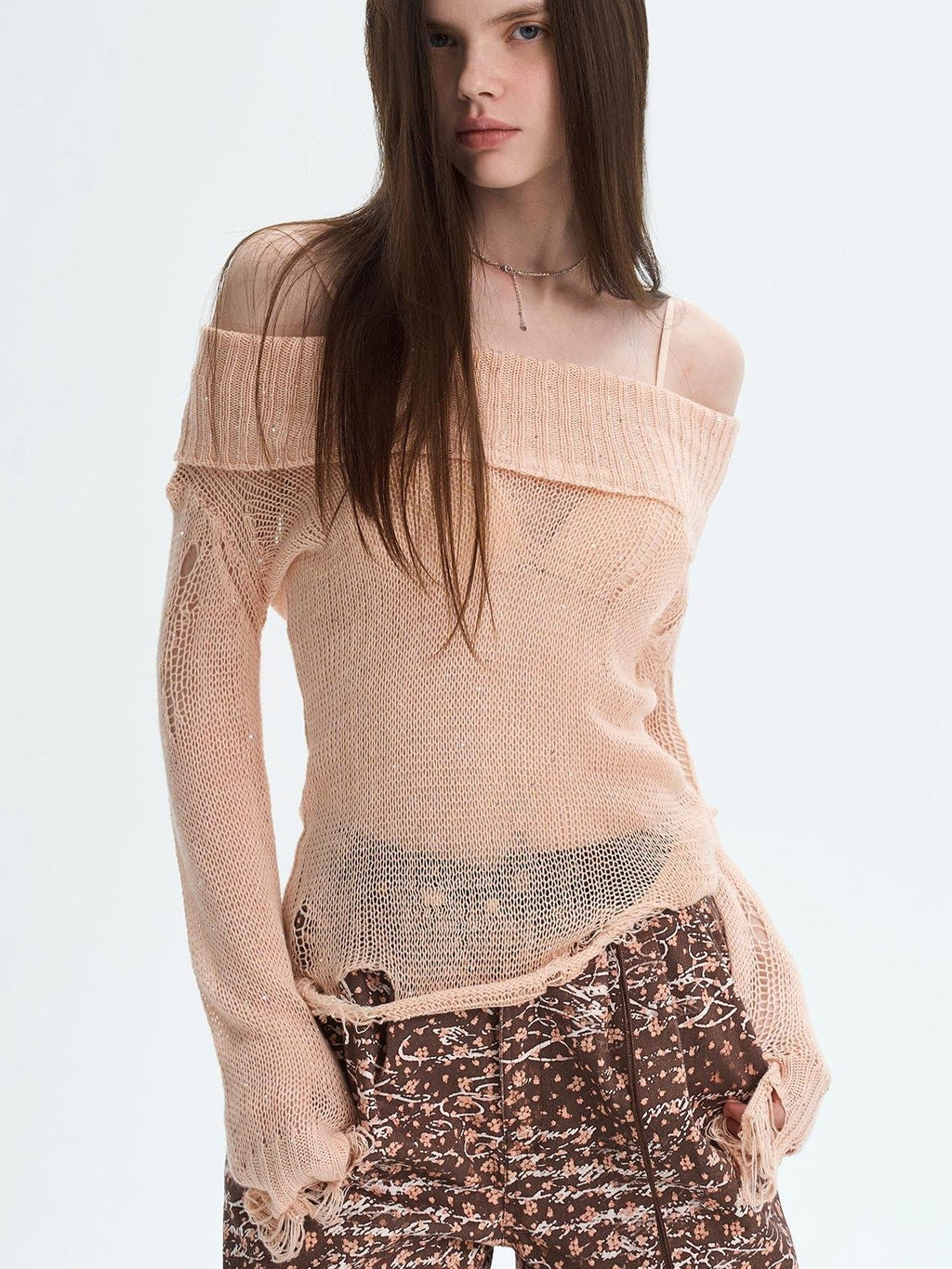 Peach Pink Sequin Cutout Slouchy Knit Women's Acrylic Off-shoulder Sweaters