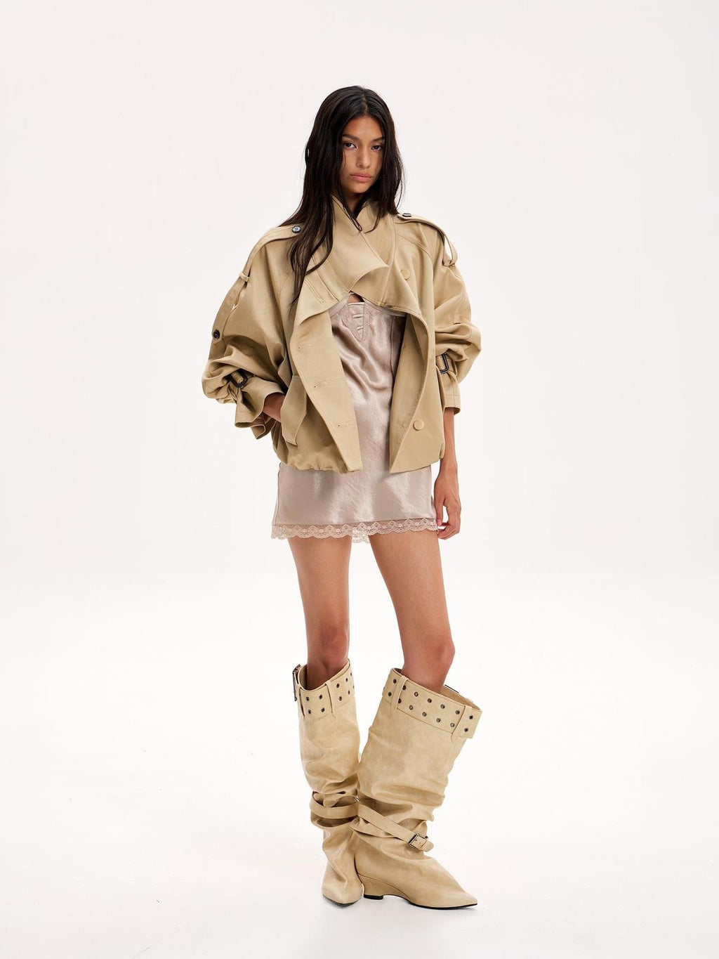 Pointed Toe Rivet Ruched Chunky Heel Women's Knee-high Boots