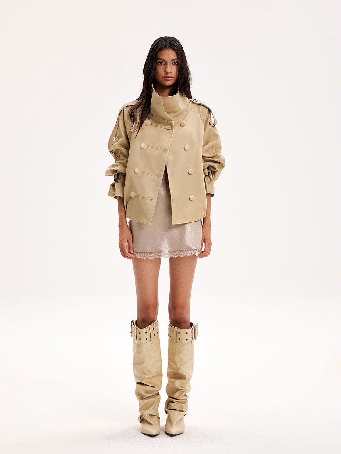 Pointed Toe Rivet Ruched Chunky Heel Women's Knee-high Boots