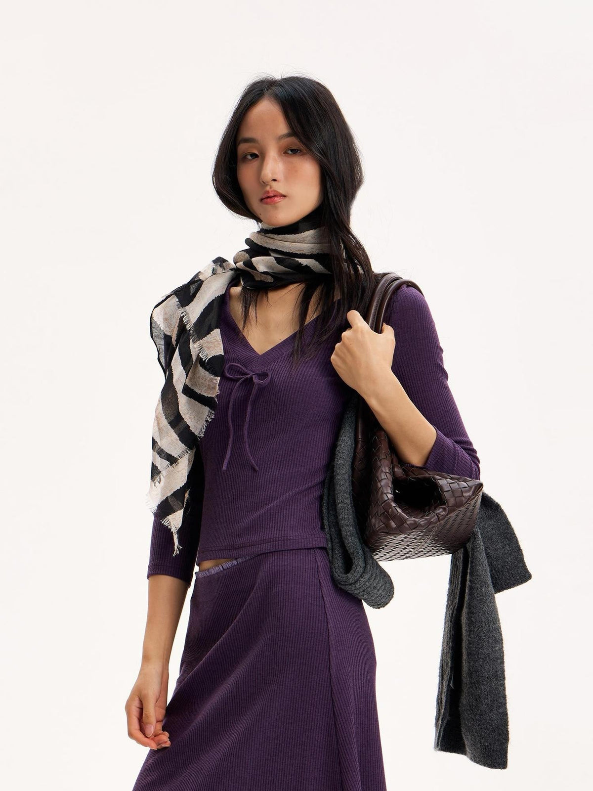 Purple Slim Fit Long Sleeve Knit Cropped Top Straight Midi Women's Matching Skirt Sets